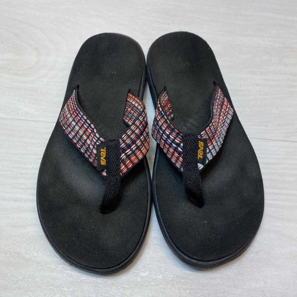 Teva Womens 6 Olowahu Flip Flops Mush Sandals Black Multi Webbing Straps 1019040